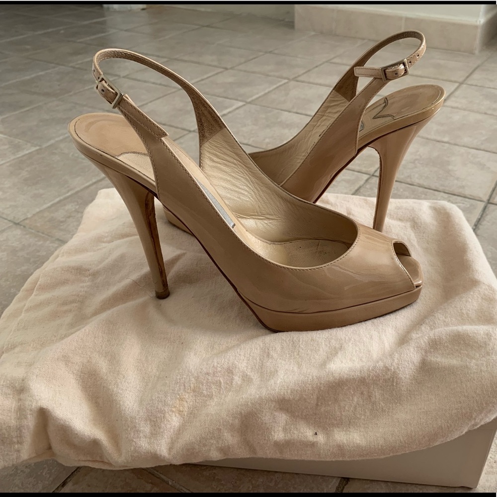 Sling back peep toe nude patent leather jimmy choo